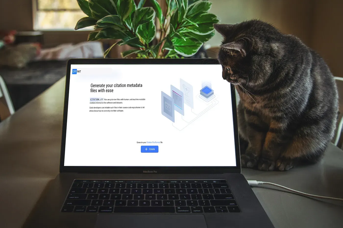 A cat looks at a computer screen where the landing page of cffinit is shown.
