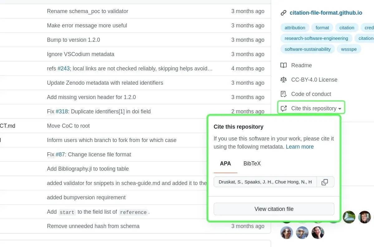 GitHub repository with “Cite this repository” button clicked and popup showing the formatted citation information.