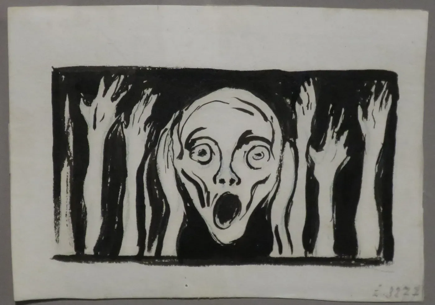 An ink drawing of a face with its eyes and mouth wide open in horror. It is flanked by raised arms on both sides.