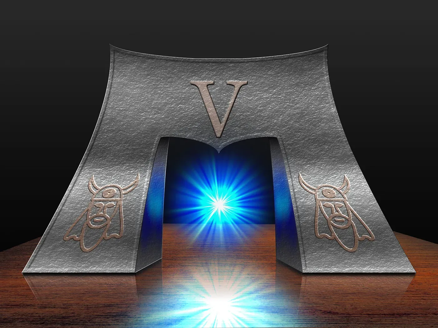 An arch-shaped angular metal object with a letter V and two viking heads on it sits on top of a wooden cabinet.