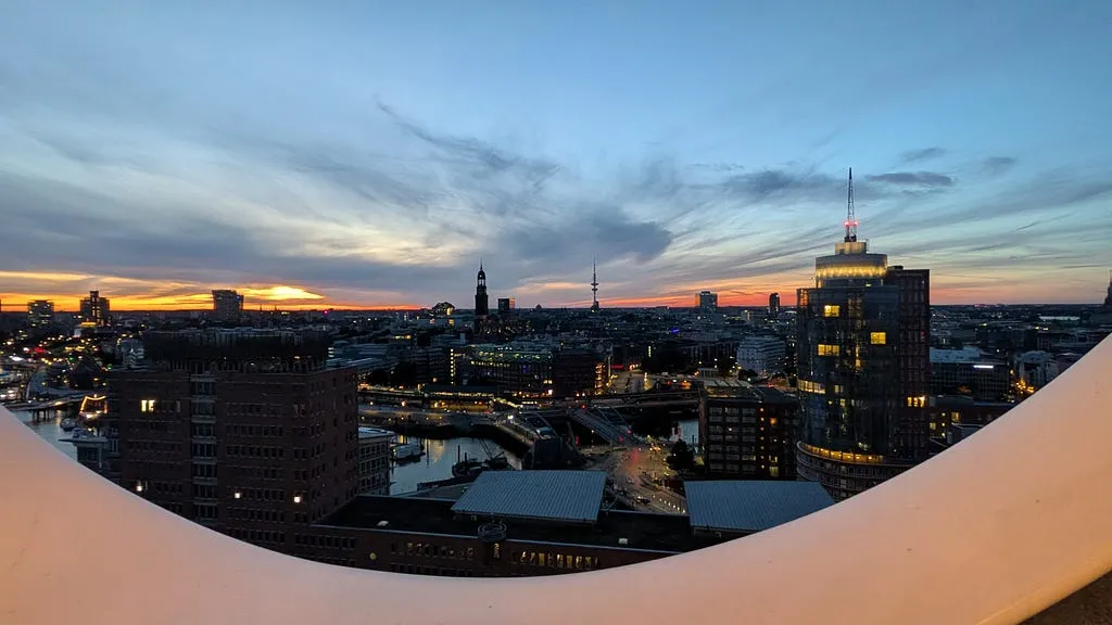 Hamburg skyline at dusk viewed from the Elbphilharmonie