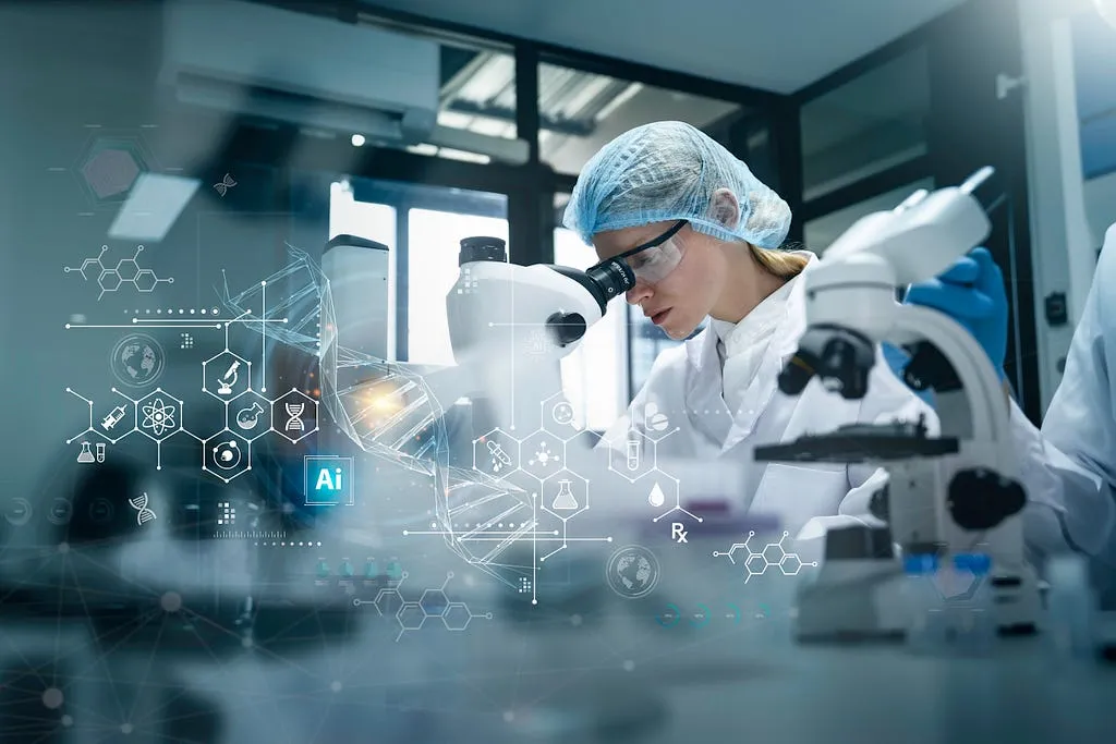 Researcher using a microscope beside an overlay of connected digital research icons