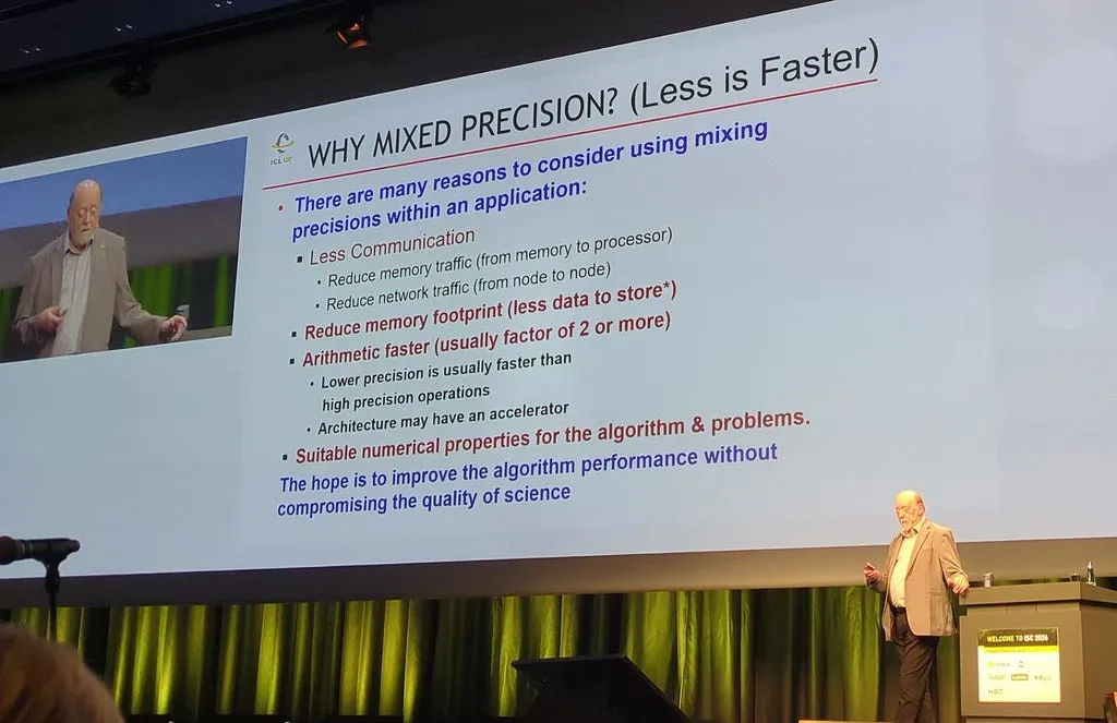 Professor Jack Dongarra presenting a slide about mixed precision on the ISC main stage