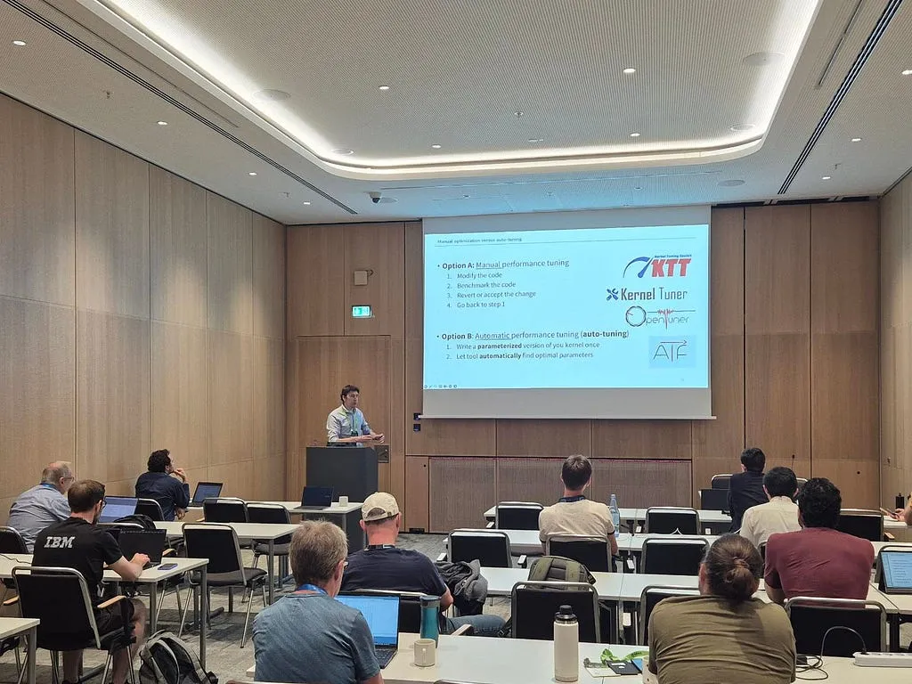 Stijn Heldens presenting auto-tuning results to tutorial attendees